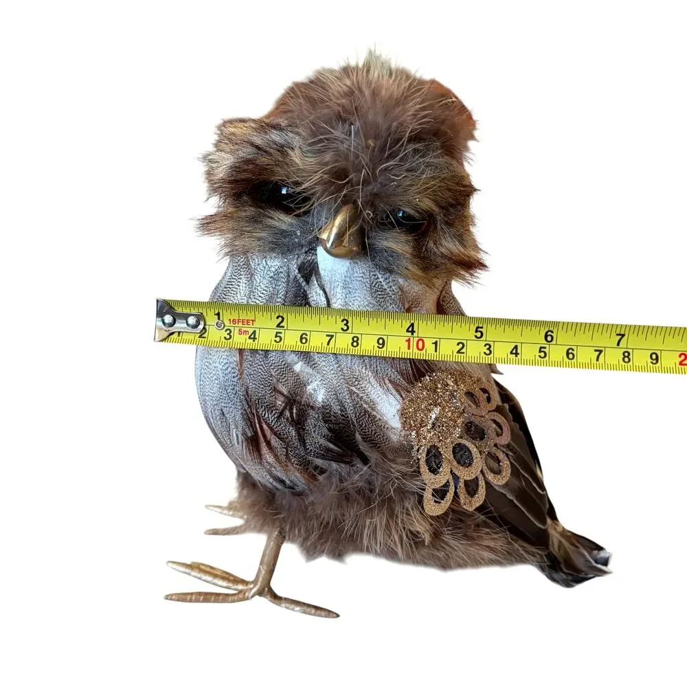 Set of 2 Feathered Owl Figurines 9.5in Chic Fall Decor by Mrs. Alice NEW